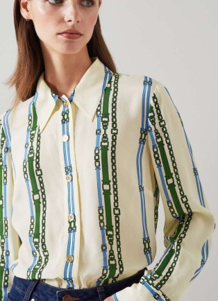 L.K. BENNETT Hardy Cream Belt Print Viscose-Silk Blend Shirt / women’s luxury printed shirts / luxe silky clothes