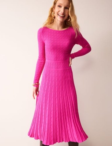 Boden Imogen Empire Knitted Dress in Rose Violet – womens vibrant pink winter dresses - flipped