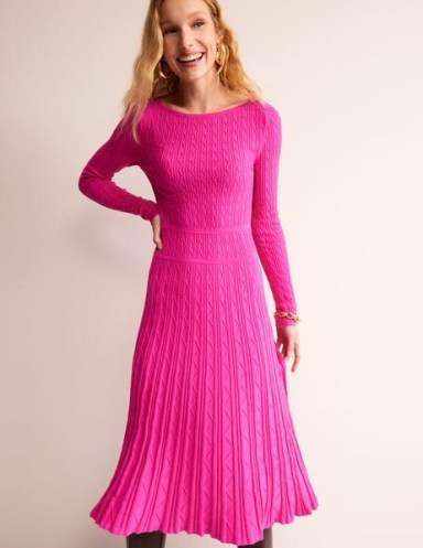 Boden Imogen Empire Knitted Dress in Rose Violet – womens vibrant pink winter dresses