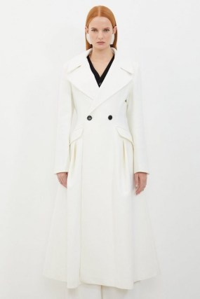 KAREN MILLEN Italian Manteco Wool Blend Flared Skirt Midaxi Coat in Ivory – chic fit and flare coats - flipped