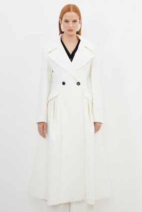KAREN MILLEN Italian Manteco Wool Blend Flared Skirt Midaxi Coat in Ivory – chic fit and flare coats