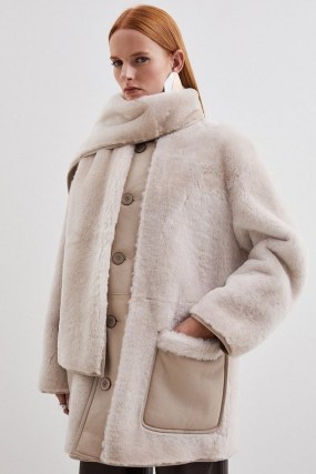 KAREN MILLEN Italian Reversible Shearling Detachable Scarf Detail Coat in Cream ~ women’s luxe leather coats ~ womens luxury winter clothing - flipped
