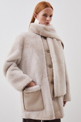KAREN MILLEN Italian Reversible Shearling Detachable Scarf Detail Coat in Cream ~ women’s luxe leather coats ~ womens luxury winter clothing
