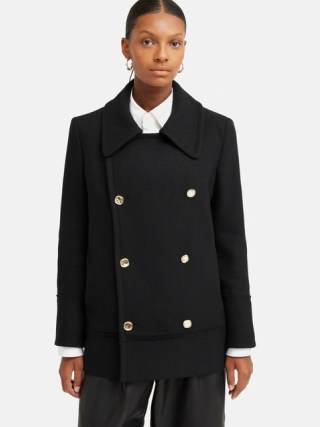 JIGSAW Wool Twill Longline Pea Coat in Black ~ women’s chic collared coats - flipped