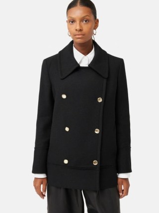JIGSAW Wool Twill Longline Pea Coat in Black ~ women’s chic collared coats