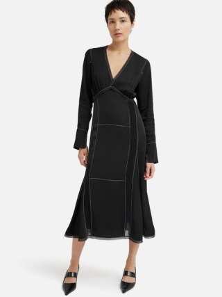Jigsaw Contrast Stitch Viscose Dress in Black / chic long sleeve V-neck midi dresses - flipped