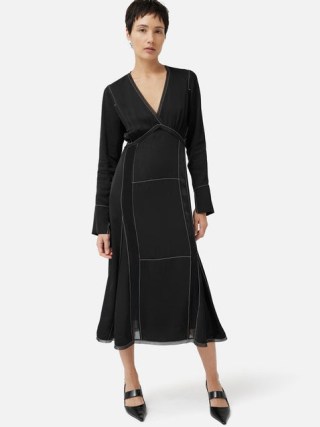 Jigsaw Contrast Stitch Viscose Dress in Black / chic long sleeve V-neck midi dresses