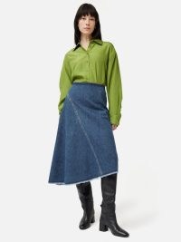 Jigsaw Denim Frayed Midi Skirt in Indigo | blue asymmetric hemline skirts