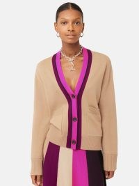 Jigsaw Merino Contrast Cardigan in Camel / women’s light brown relaxed fit colour block cardigans