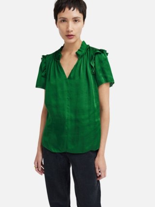 JIGSAW Recycled Satin Ruffle Top in Green / ruffled short sleeve tops / silky sustainable fashion - flipped