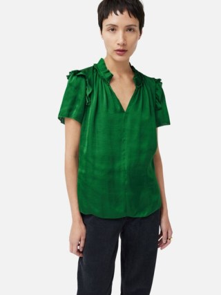 JIGSAW Recycled Satin Ruffle Top in Green / ruffled short sleeve tops / silky sustainable fashion