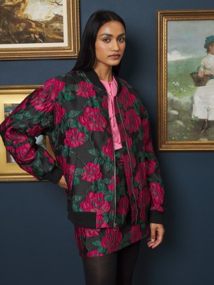 sister jane Baroque Jacquard Bomber Jacket in Fushia, Black / oversized zip up floral jackets - flipped