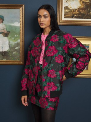 sister jane Baroque Jacquard Bomber Jacket in Fushia, Black / oversized zip up floral jackets