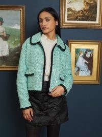 sister jane Golden Age Tweed Jacket in Turquoise Blue / sequinned boxy fit jackets / A NIGHT AT THE MUSEUM