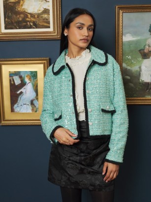 sister jane Golden Age Tweed Jacket in Turquoise Blue / sequinned boxy fit jackets / A NIGHT AT THE MUSEUM - flipped