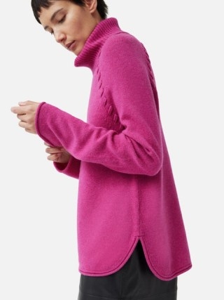 JIGSAW Merino Scoop Hem Jumper in Pink / women’s roll neck curved hemline jumpers - flipped