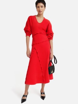 JIGSAW Heavy Crepe Scoop Neck Dress in Red / bright long sleeve ruffle detail dresses - flipped