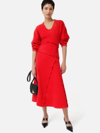 JIGSAW Heavy Crepe Scoop Neck Dress in Red / bright long sleeve ruffle detail dresses