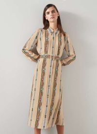 L.K. BENNETT Kate Camel Belt Print Viscose-Silk Blend Shirt Dress / women’s silky collared dresses