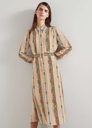 L.K. BENNETT Kate Camel Belt Print Viscose-Silk Blend Shirt Dress / women’s silky collared dresses - flipped