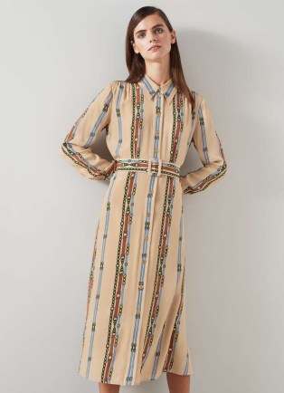 L.K. BENNETT Kate Camel Belt Print Viscose-Silk Blend Shirt Dress / women’s silky collared dresses