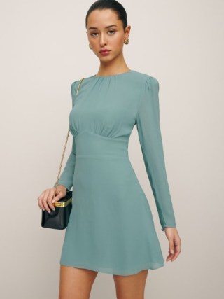 Reformation Laken Dress in Verdigris ~ long sleeve empired waist mini dresses ~ chic vintage style fashion ~ fitted bodice with A-line skirt ~ women’s bluish green evening clothes