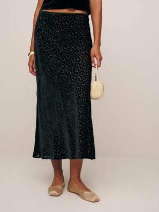 Reformation Layla Velvet Skirt in Black Burnout Floral | luxe devore slip style evening skirts - flipped