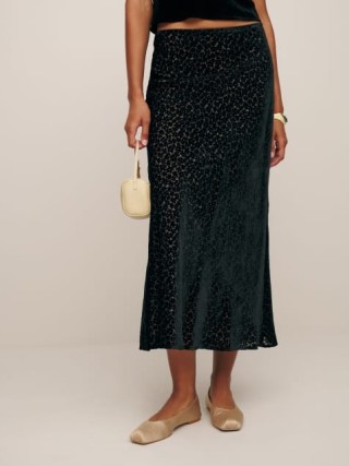 Reformation Layla Velvet Skirt in Black Burnout Floral | luxe devore slip style evening skirts