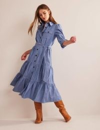 Boden Lily Chambray Midi Shirt Dress in Chambray – women’s blue collared tiered hem dresses – womens lightweight denim clothes – cotton fashion