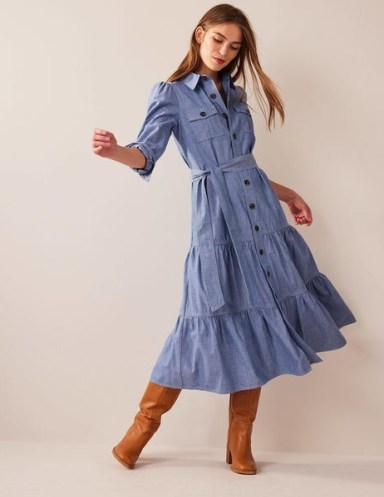 Boden Lily Chambray Midi Shirt Dress in Chambray – women’s blue collared tiered hem dresses – womens lightweight denim clothes – cotton fashion - flipped