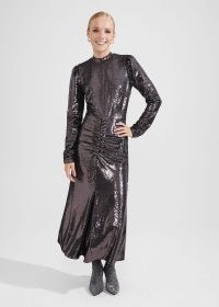 LORETTA SEQUIN DRESS in CHARCOAL GREY ~ women’s metallic sequinned party dresses ~ cut out back occasionwear ~ sparkling occasion clothes
