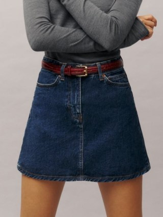 Reformation Lydia High Rise Denim Mini Skirt in Huron | women’s blue short length A-line skirts - flipped
