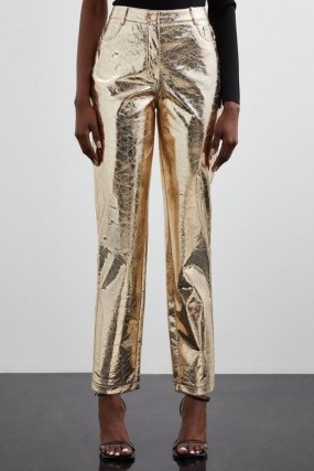 KAREN MILLEN Metallic Faux Leather Straight Trousers in Gold ~ women’s shiny evening fashion - flipped