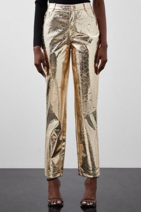 KAREN MILLEN Metallic Faux Leather Straight Trousers in Gold ~ women’s shiny evening fashion