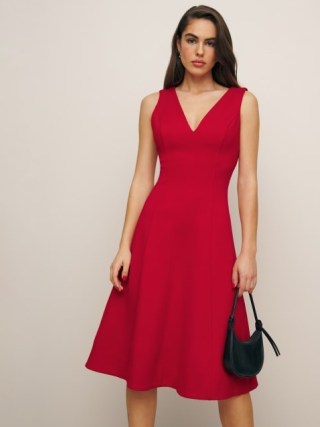 Reformation Mikayla Knit Dress in Red ~ sleeveless V-neck fit and flare dresses - flipped