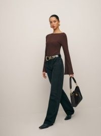 Reformation Miller Knit Top in Cafe ~ women’s dark brown long flared sleeve tops