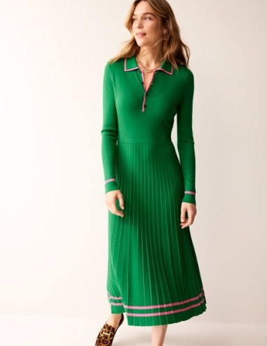 Boden Mollie Pleated Knitted Dress in Green Sangria Sunset | long sleeve collared dresses - flipped