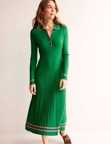 Boden Mollie Pleated Knitted Dress in Green Sangria Sunset | long sleeve collared dresses