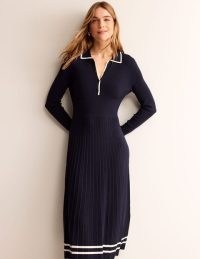 Boden Mollie Pleated Knitted Dress in Navy Warm Ivory – dark blue long sleeve collared midi dresses