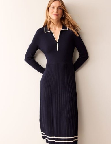 Boden Mollie Pleated Knitted Dress in Navy Warm Ivory – dark blue long sleeve collared midi dresses - flipped