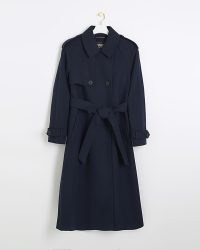 RIVER ISLAND Navy Belted Longline Trench Coat ~ women’s classic tie waist coats