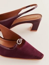 Reformation Nazanin Slingback Heel Ruby Satin ~ chic red snip toe slingbacks ~ luxe mid heels