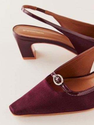 Reformation Nazanin Slingback Heel Ruby Satin ~ chic red snip toe slingbacks ~ luxe mid heels - flipped