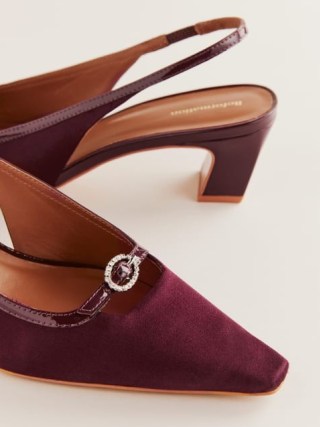 Reformation Nazanin Slingback Heel Ruby Satin ~ chic red snip toe slingbacks ~ luxe mid heels