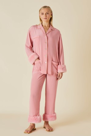 OLIVIA von HALLE FIFI PINK SILK CRÊPE DE CHINE PYJAMAS / fluffy trim pyjama set / luxury nightwear / faux fur trimmed sleepwear - flipped
