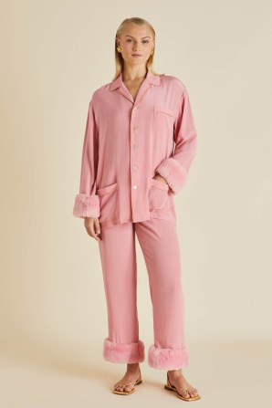 OLIVIA von HALLE FIFI PINK SILK CRÊPE DE CHINE PYJAMAS / fluffy trim pyjama set / luxury nightwear / faux fur trimmed sleepwear