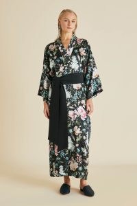 OLIVIA von HALLE QUEENIE ESME BLACK FLORAL SILK SATIN ROBE / women’s luxury robes