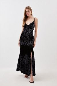 KAREN MILLEN Placed Velvet Devore Strappy Woven Maxi Dress in Black – plunge front split hem occasion dresses – glamorous long length occasionwear