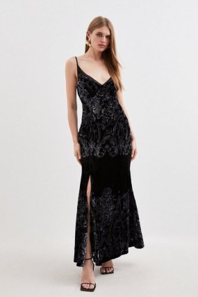 KAREN MILLEN Placed Velvet Devore Strappy Woven Maxi Dress in Black – plunge front split hem occasion dresses – glamorous long length occasionwear - flipped