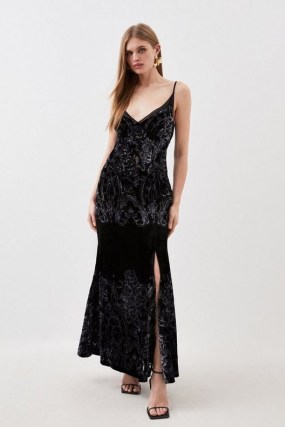 KAREN MILLEN Placed Velvet Devore Strappy Woven Maxi Dress in Black – plunge front split hem occasion dresses – glamorous long length occasionwear